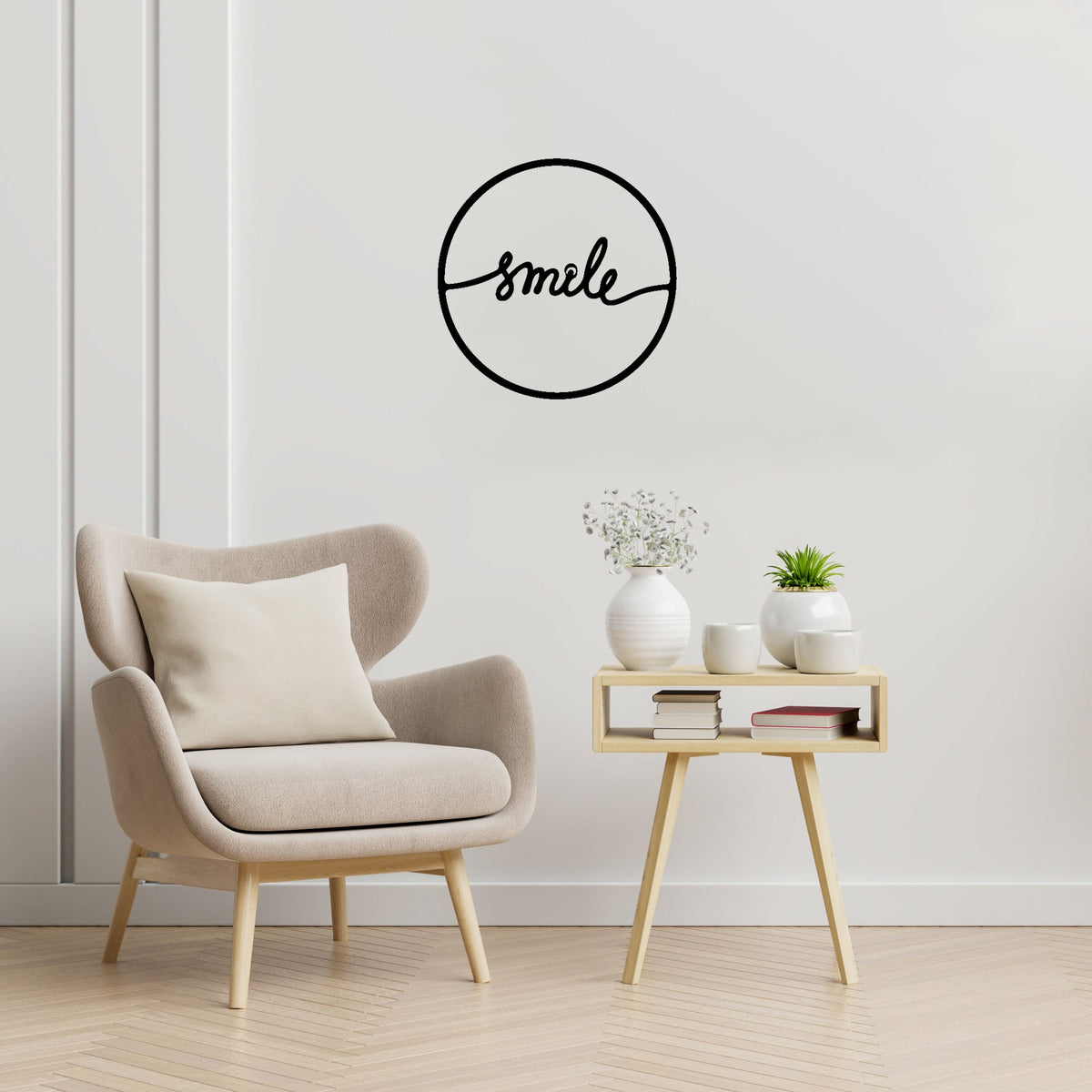 Mot smile manuscrit dans un cercle, déco murale en métal noir