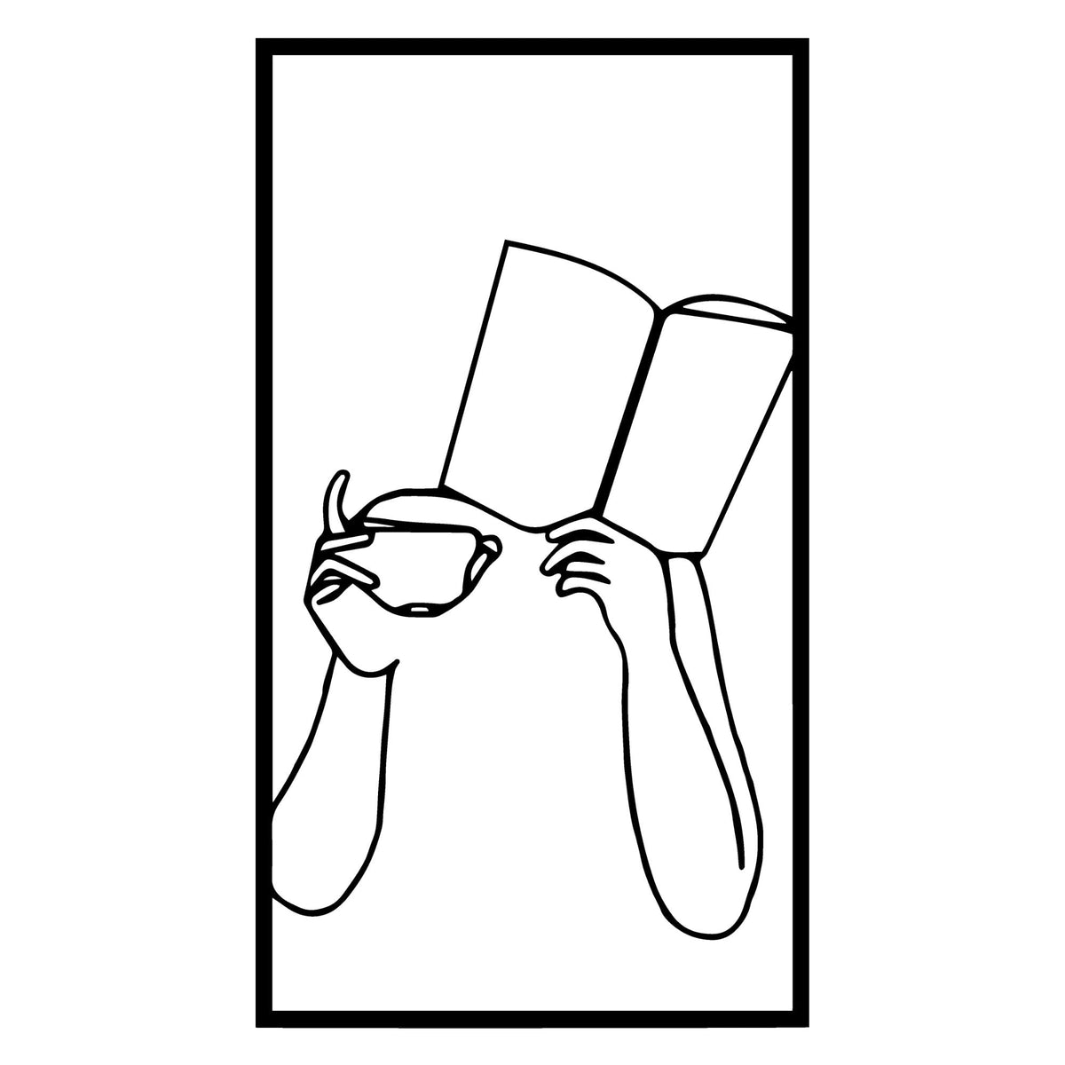 Livre ouvert et tasse dans un cadre en métal noir, déco lecture