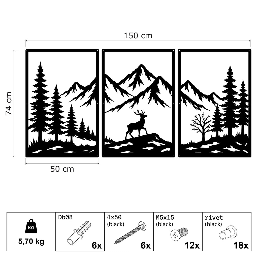Triptyque cerf dans les Alpes en métal noir, 150 cm, vue 4