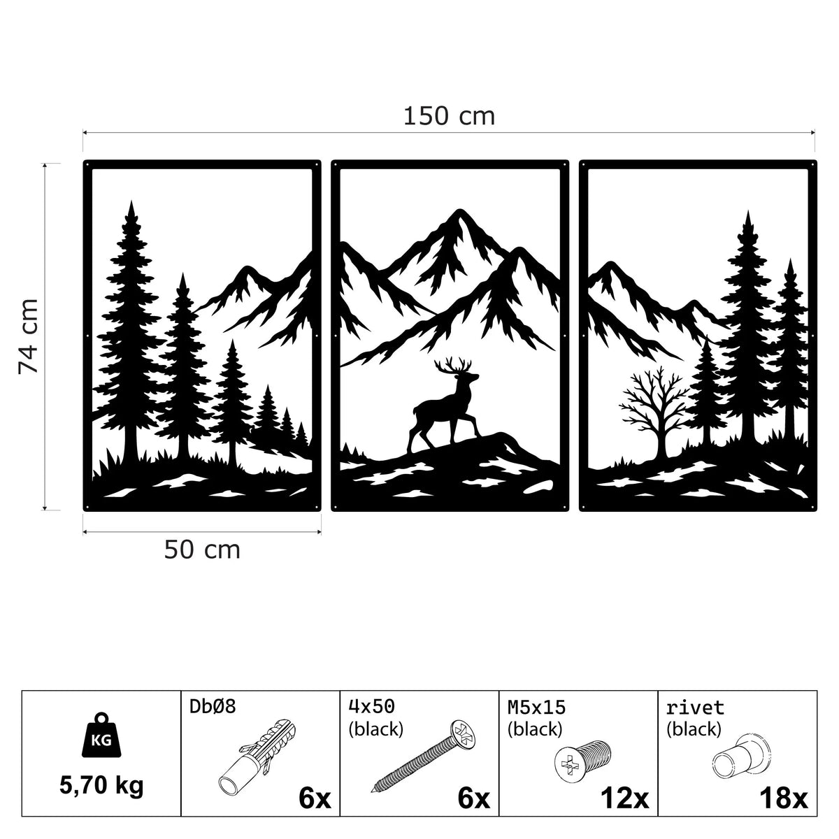 Triptyque cerf dans les Alpes en métal noir, 150 cm, vue 4