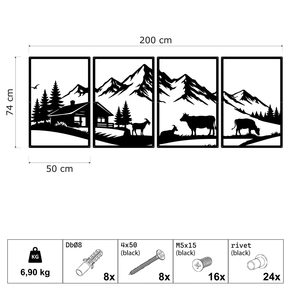 Paysage alpin avec chalet et vaches en métal noir, 4 panneaux, vue 4