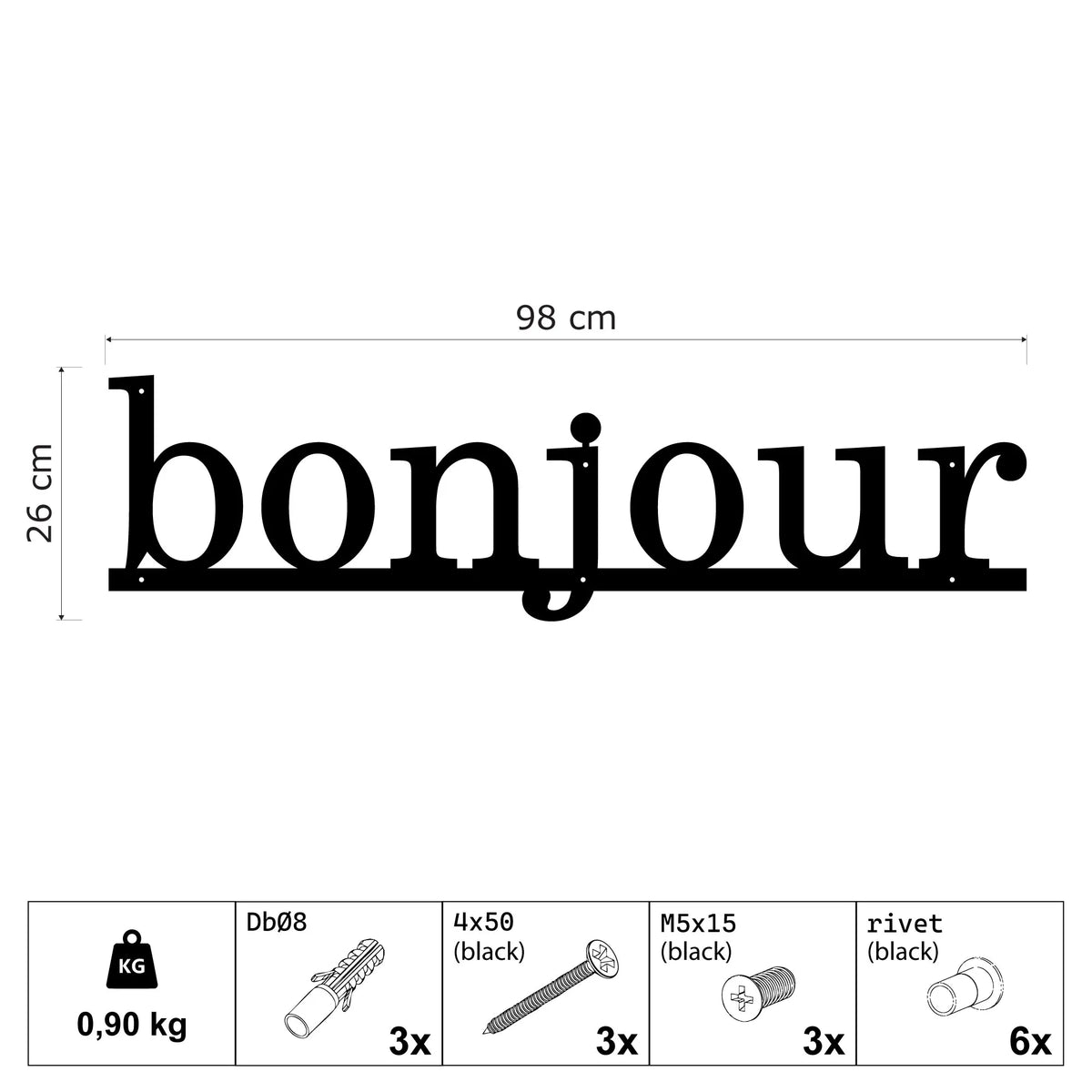 Mot bonjour en lettres de métal noir, déco murale, vue 6