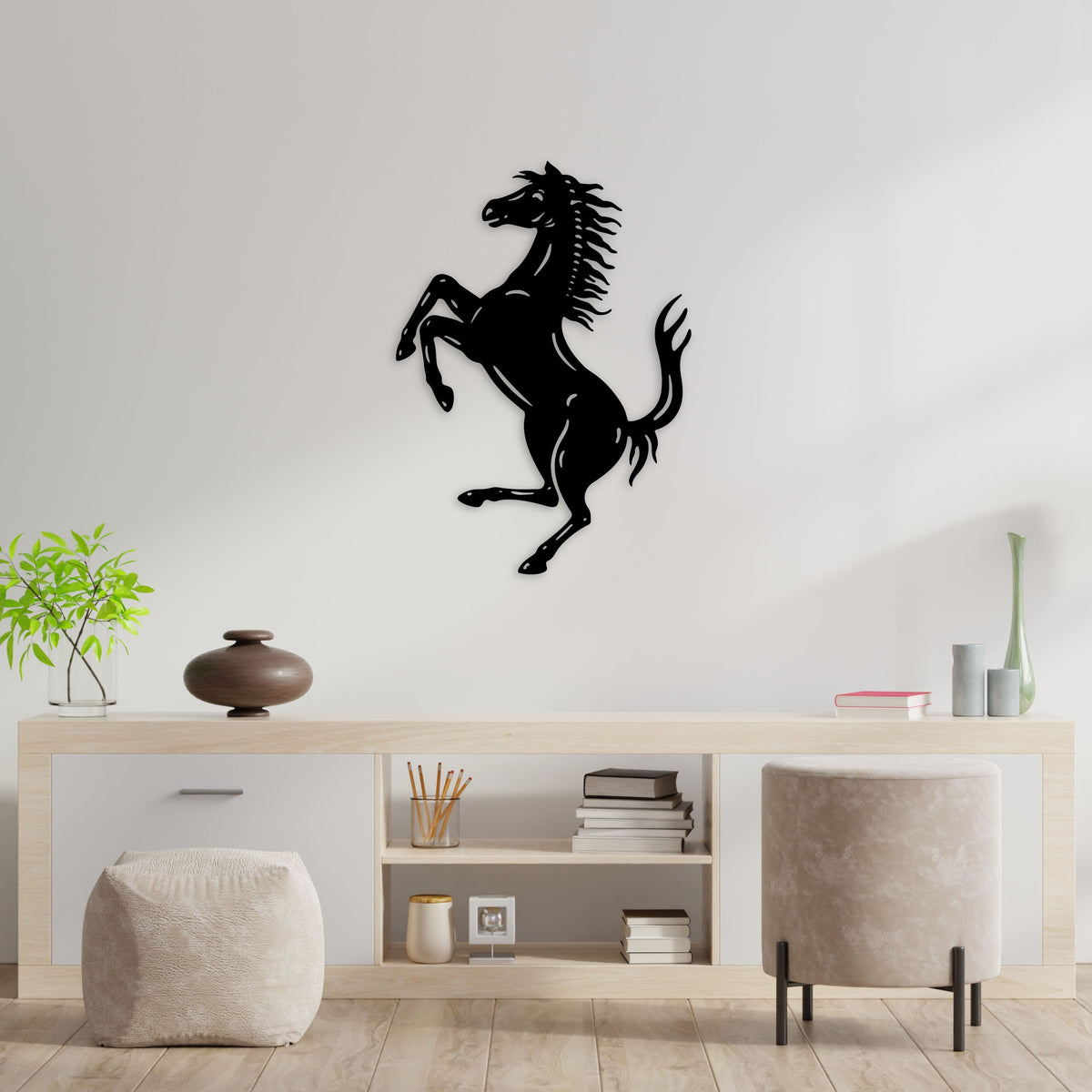 Cheval cabré en métal noir, silhouette murale verticale, vue 3