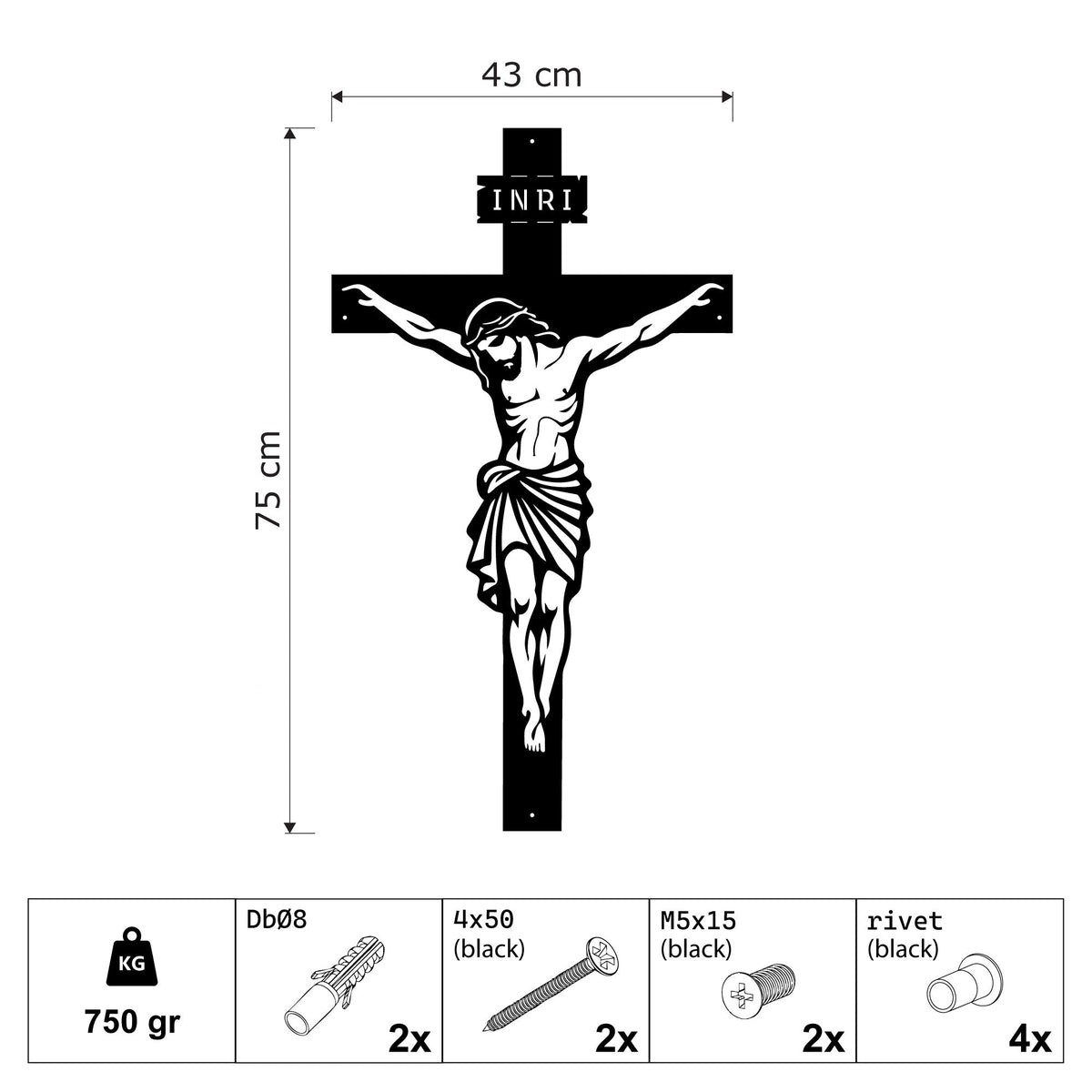 Crucifix mural, Christ sur la croix en métal noir, vue 6