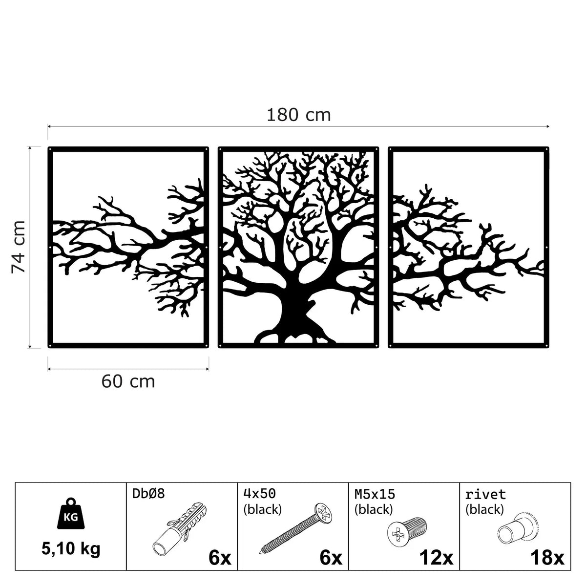Triptyque arbre de vie en métal noir, 3 panneaux, vue 7