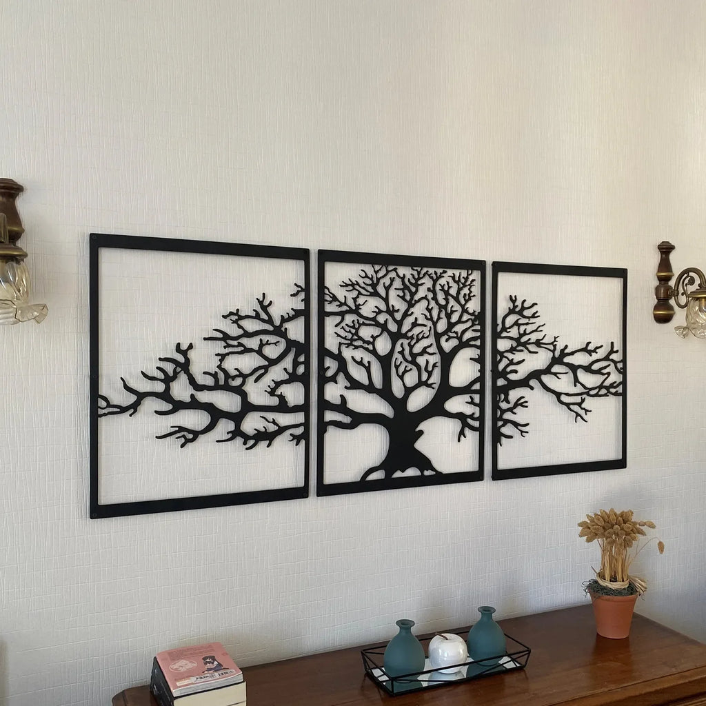 Triptyque arbre de vie en métal noir, 3 panneaux, vue 4
