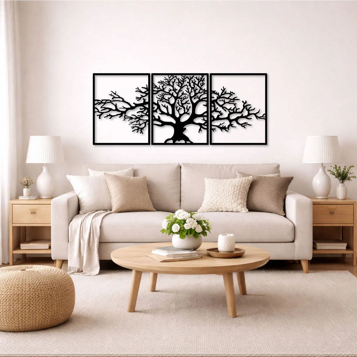 Triptyque arbre de vie en métal noir, 3 panneaux, vue 2