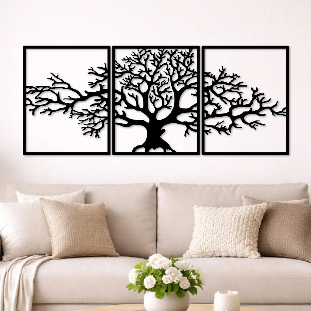 Triptyque arbre de vie en métal noir, 3 panneaux