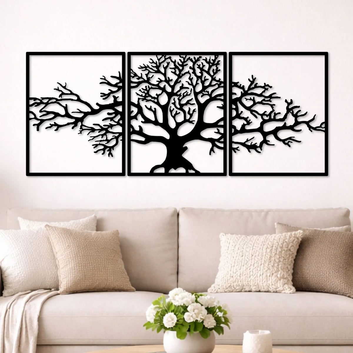 Triptyque arbre de vie en métal noir, 3 panneaux