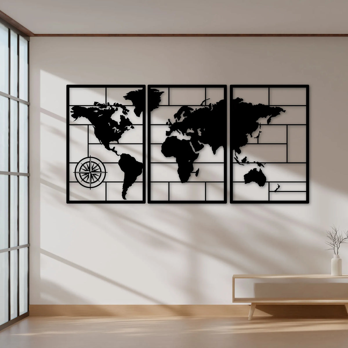 Triptyque carte du monde en métal noir avec rose des vents