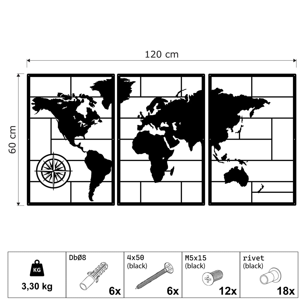 Triptyque carte du monde en métal noir avec rose des vents, vue 4