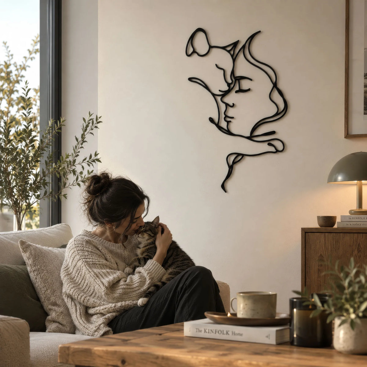Femme et son chat joue contre joue, déco murale en métal noir, vue 2