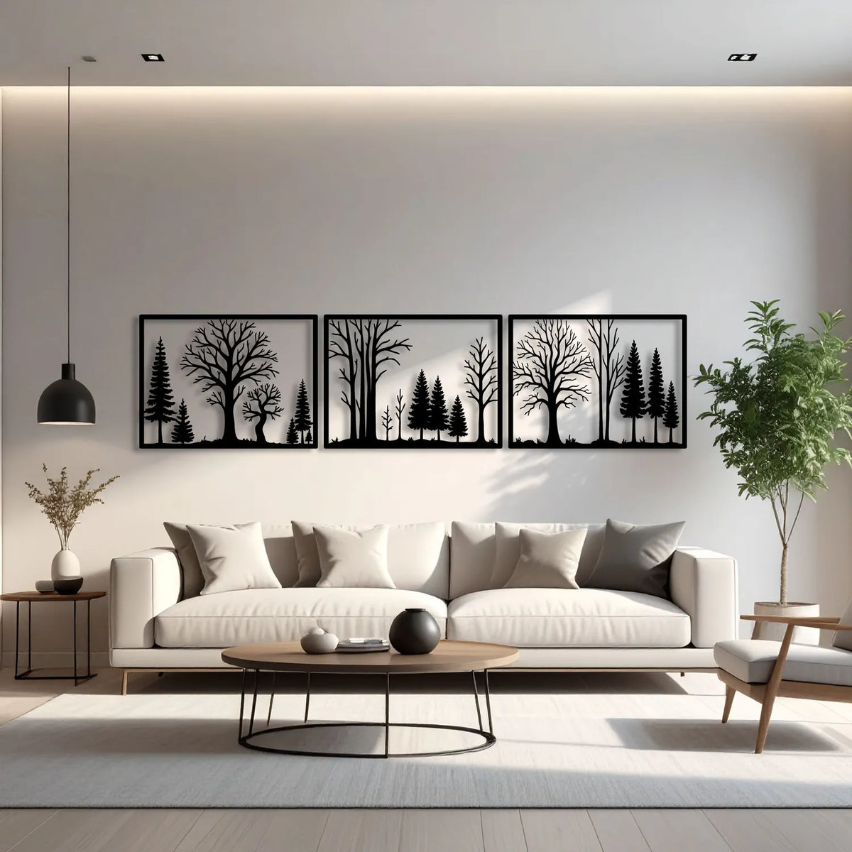 Triptyque forêt de sapins et d'arbres en métal noir, 180 cm, vue 4