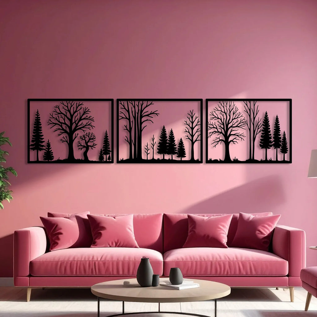 Triptyque forêt de sapins et d'arbres en métal noir, 180 cm, vue 5