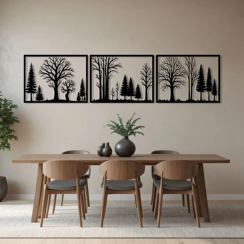 Triptyque forêt de sapins et d'arbres en métal noir, 180 cm, vue 3