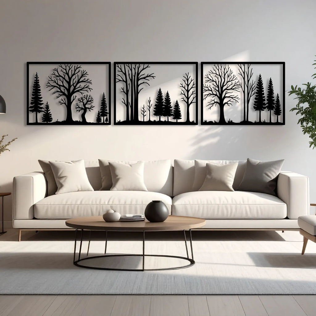 Triptyque forêt de sapins et d'arbres en métal noir, 180 cm, vue 2