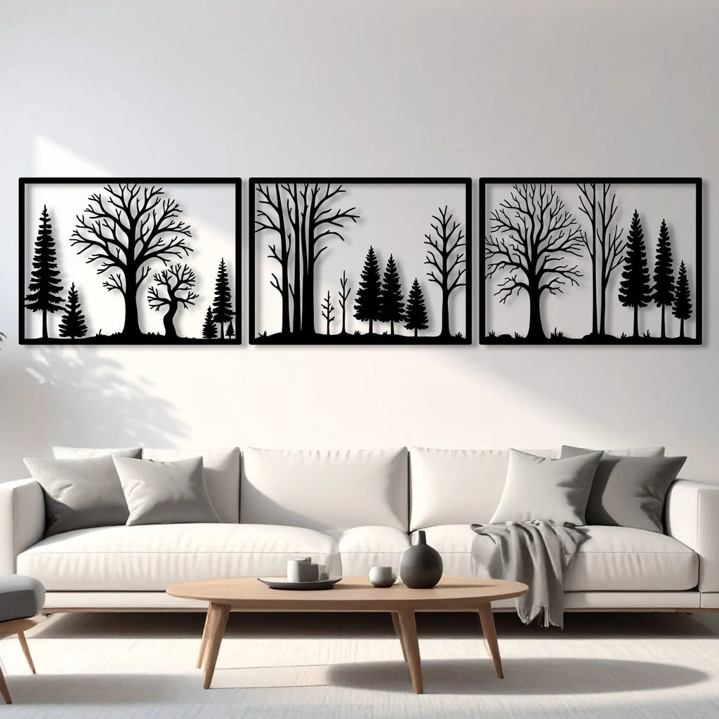 Triptyque forêt de sapins et d'arbres en métal noir, 180 cm