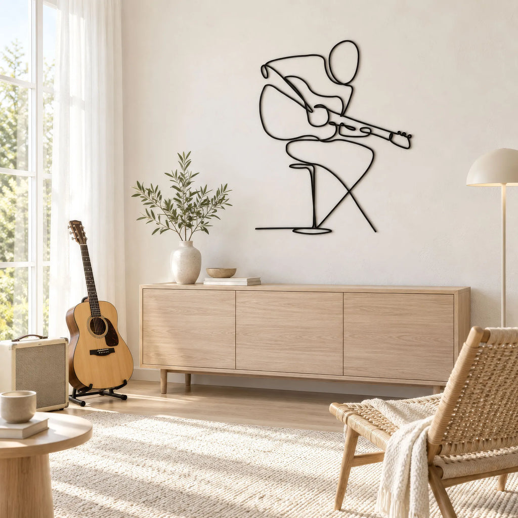 Guitariste assis en métal noir, décoration murale musique, vue 2