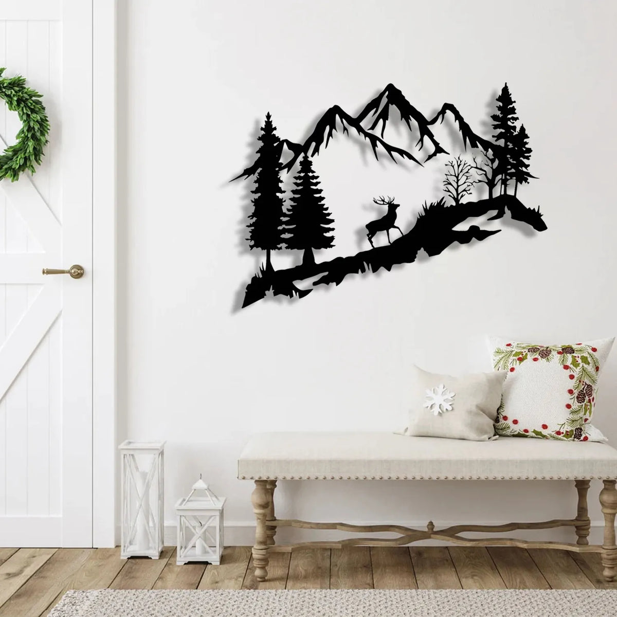 Tableau cerf entre les sapins et les montagnes, en métal noir, vue 3