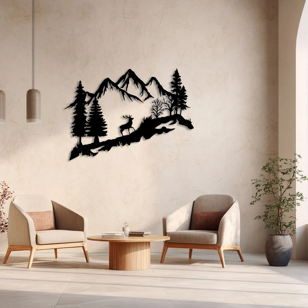 Tableau cerf entre les sapins et les montagnes, en métal noir, vue 4