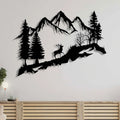 Tableau cerf entre les sapins et les montagnes, en métal noir