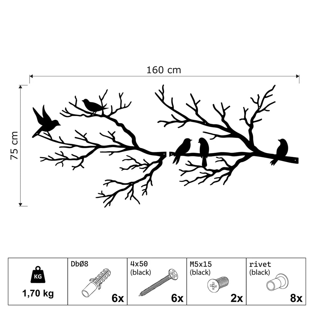 Décoration murale oiseaux sur une branche en métal noir, vue 10