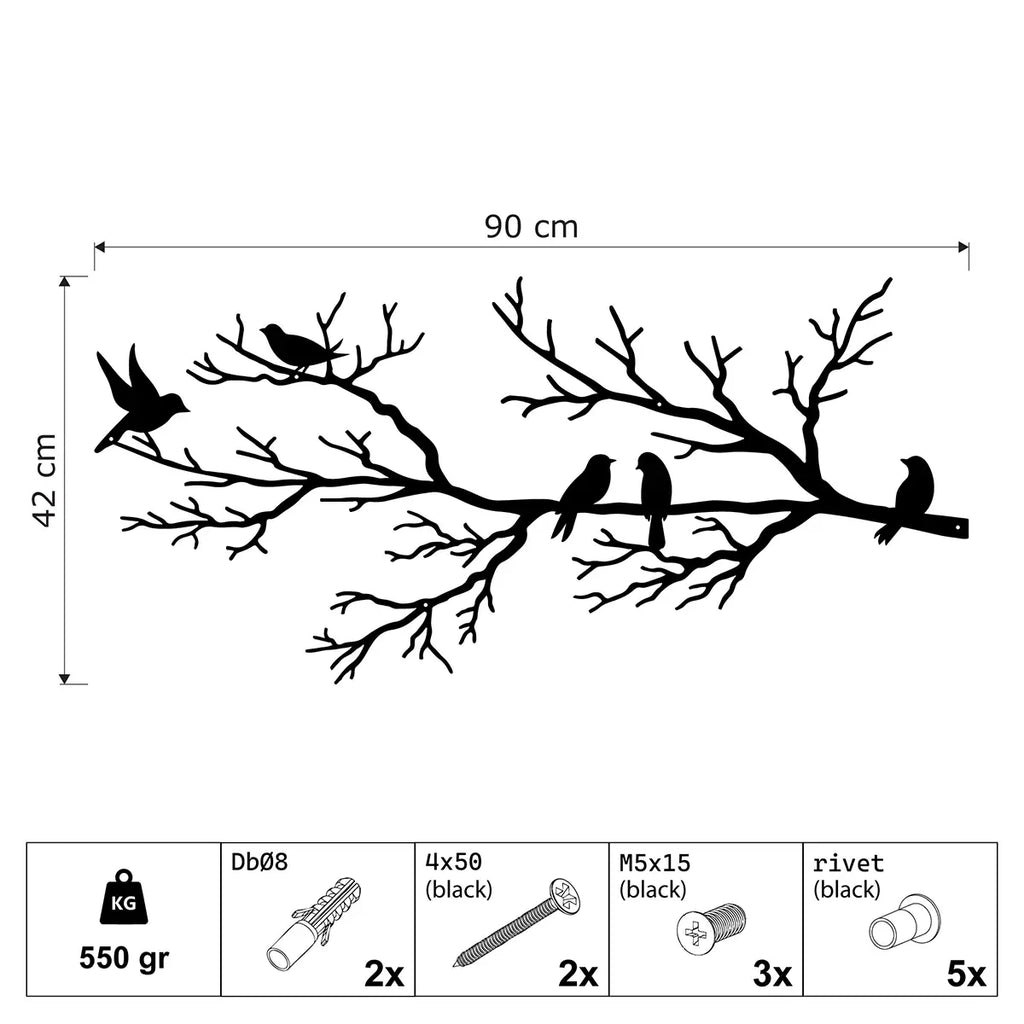 Décoration murale oiseaux sur une branche en métal noir, vue 8