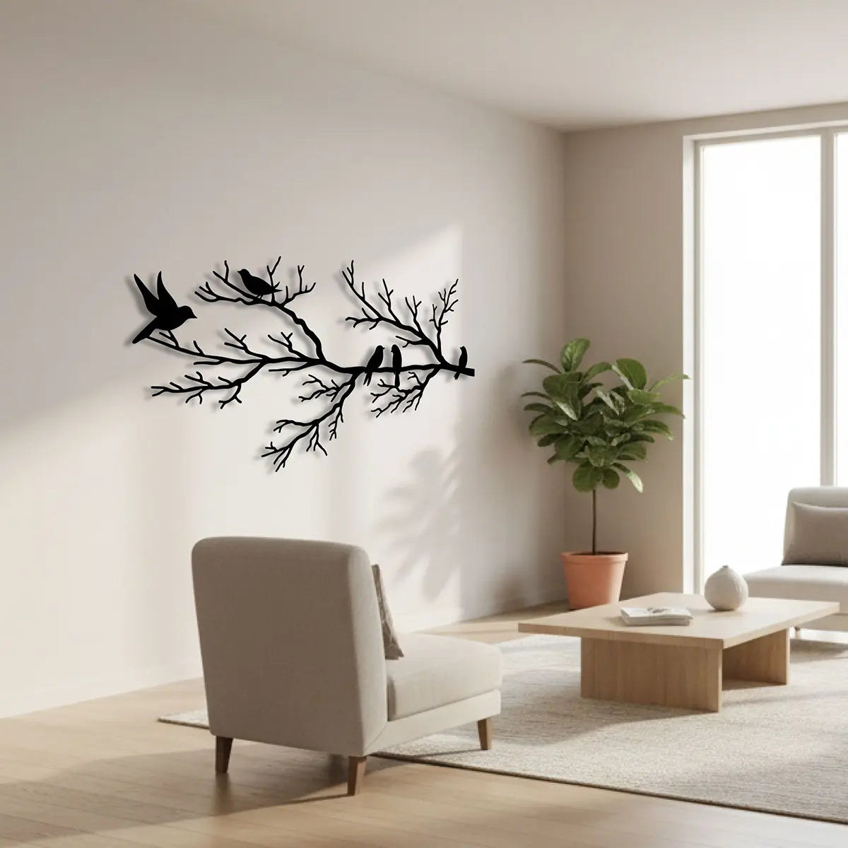 Décoration murale oiseaux sur une branche en métal noir, vue 4