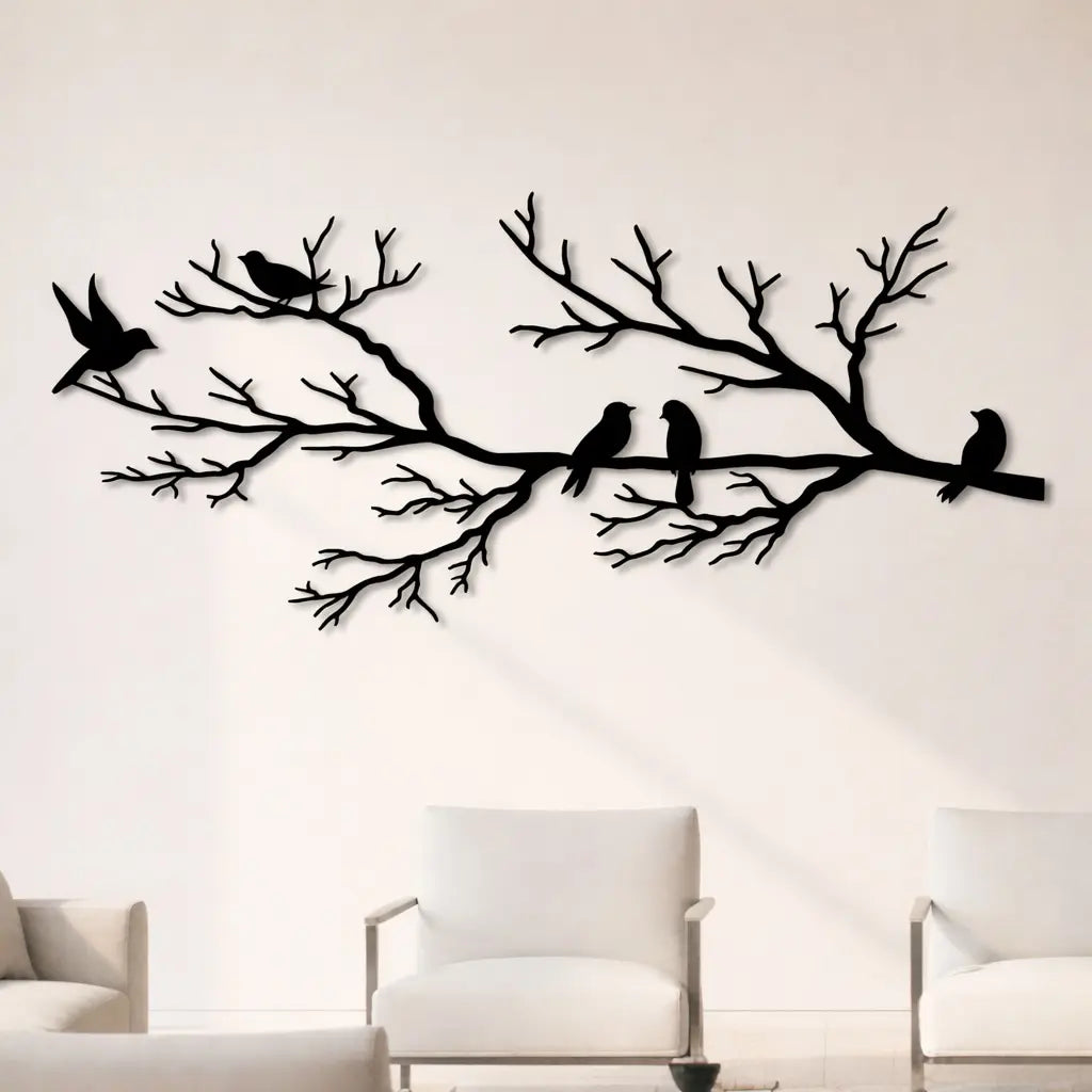 Décoration murale oiseaux sur une branche en métal noir