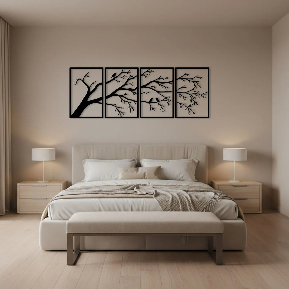 Branches et oiseaux en métal noir, tableau 4 panneaux, vue 2