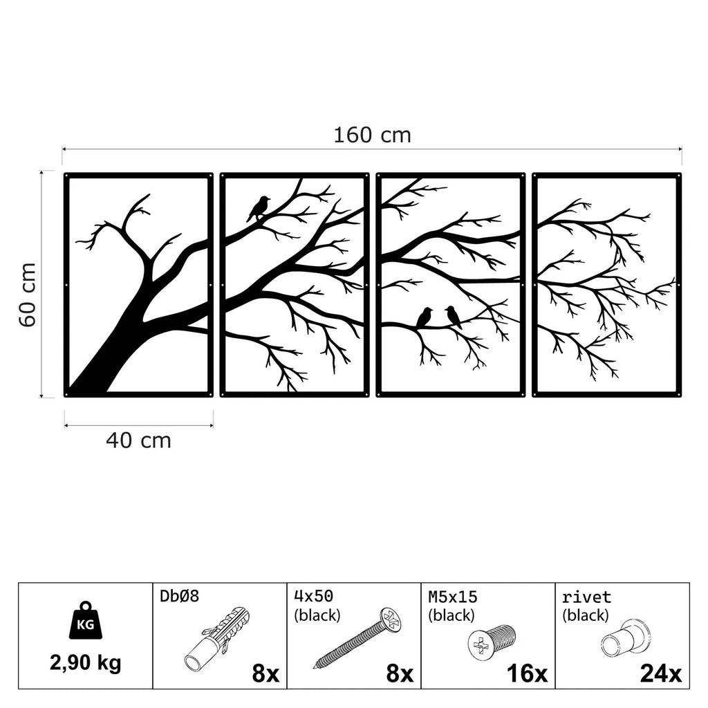 Branches et oiseaux en métal noir, tableau 4 panneaux, vue 5