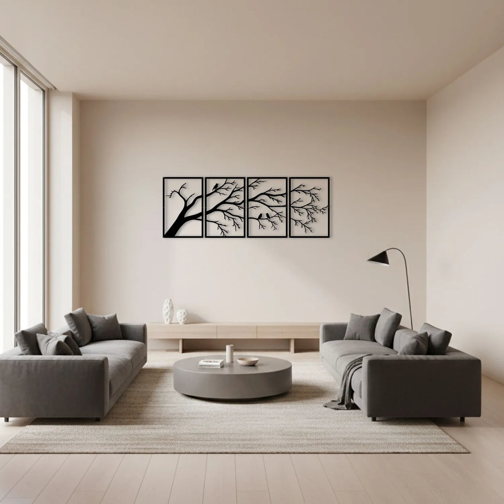 Branches et oiseaux en métal noir, tableau 4 panneaux, vue 4