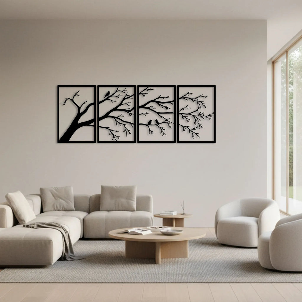 Branches et oiseaux en métal noir, tableau 4 panneaux, vue 3