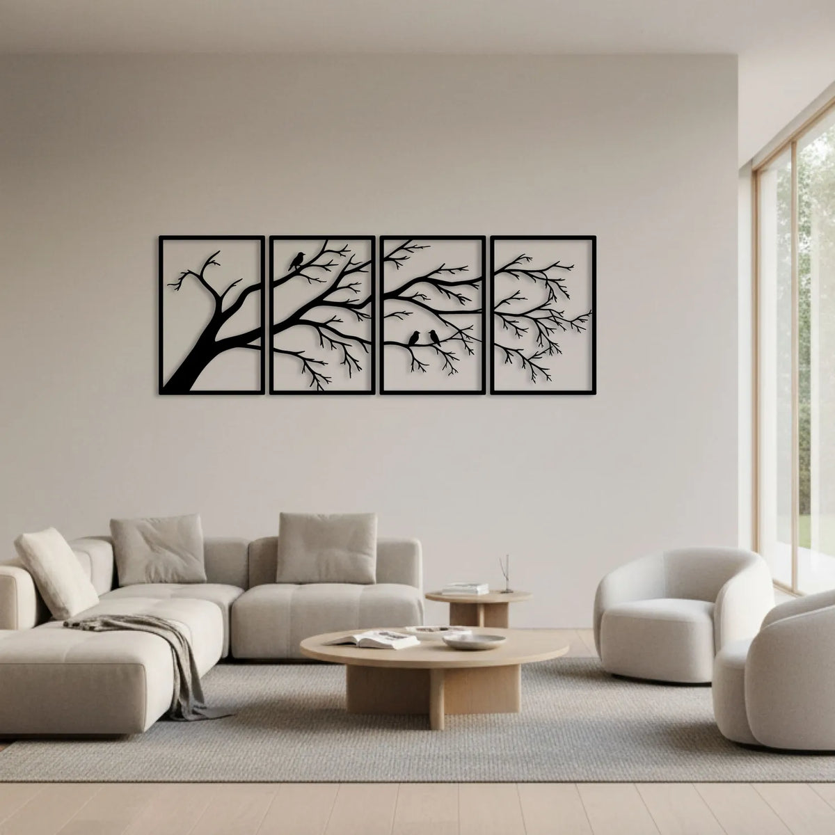Branches et oiseaux en métal noir, tableau 4 panneaux, vue 3