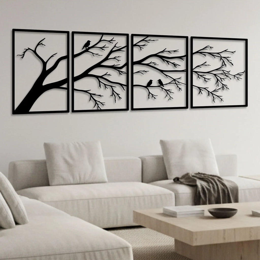 Branches et oiseaux en métal noir, tableau 4 panneaux