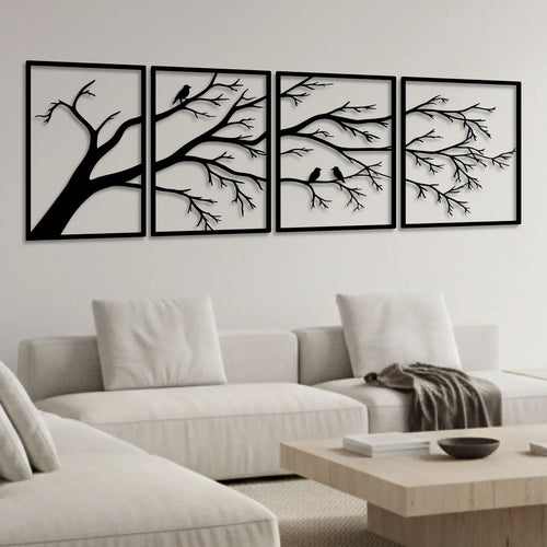 Branches et oiseaux en métal noir, tableau 4 panneaux