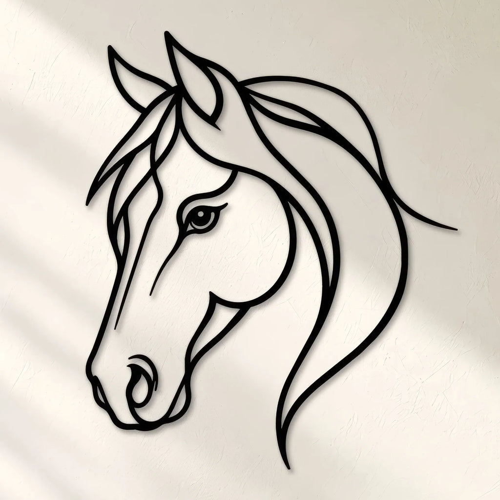 Tête de cheval aux lignes fluides en métal noir, déco murale