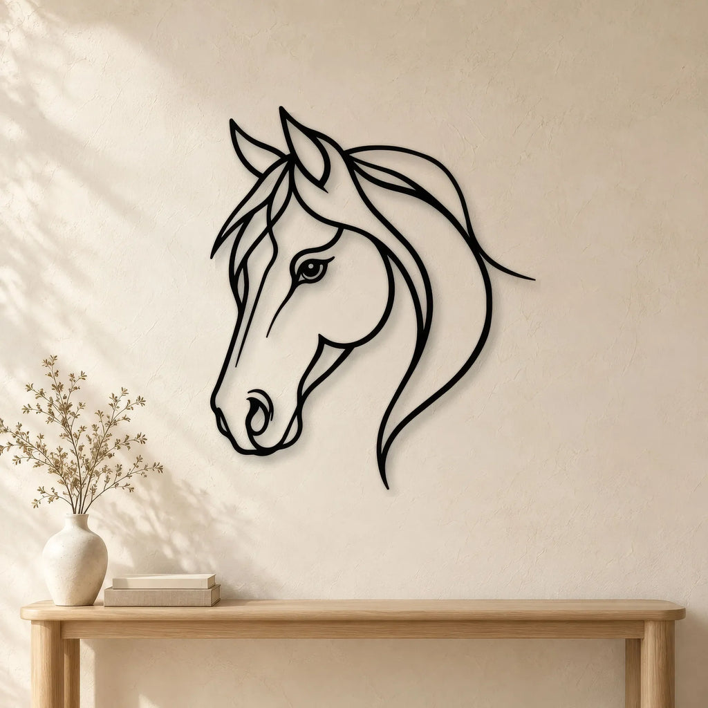 Tête de cheval aux lignes fluides en métal noir, déco murale, vue 2