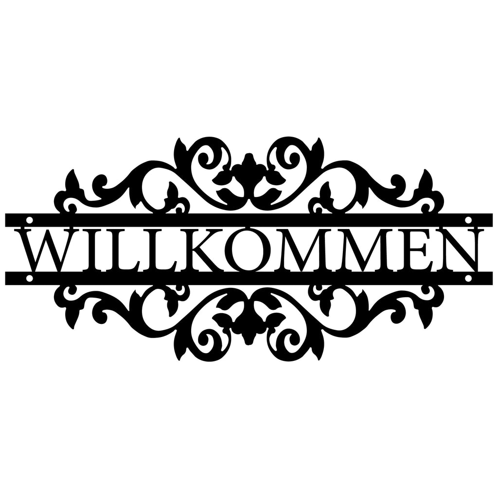 Plaque Willkommen à volutes en métal noir, déco d'entrée