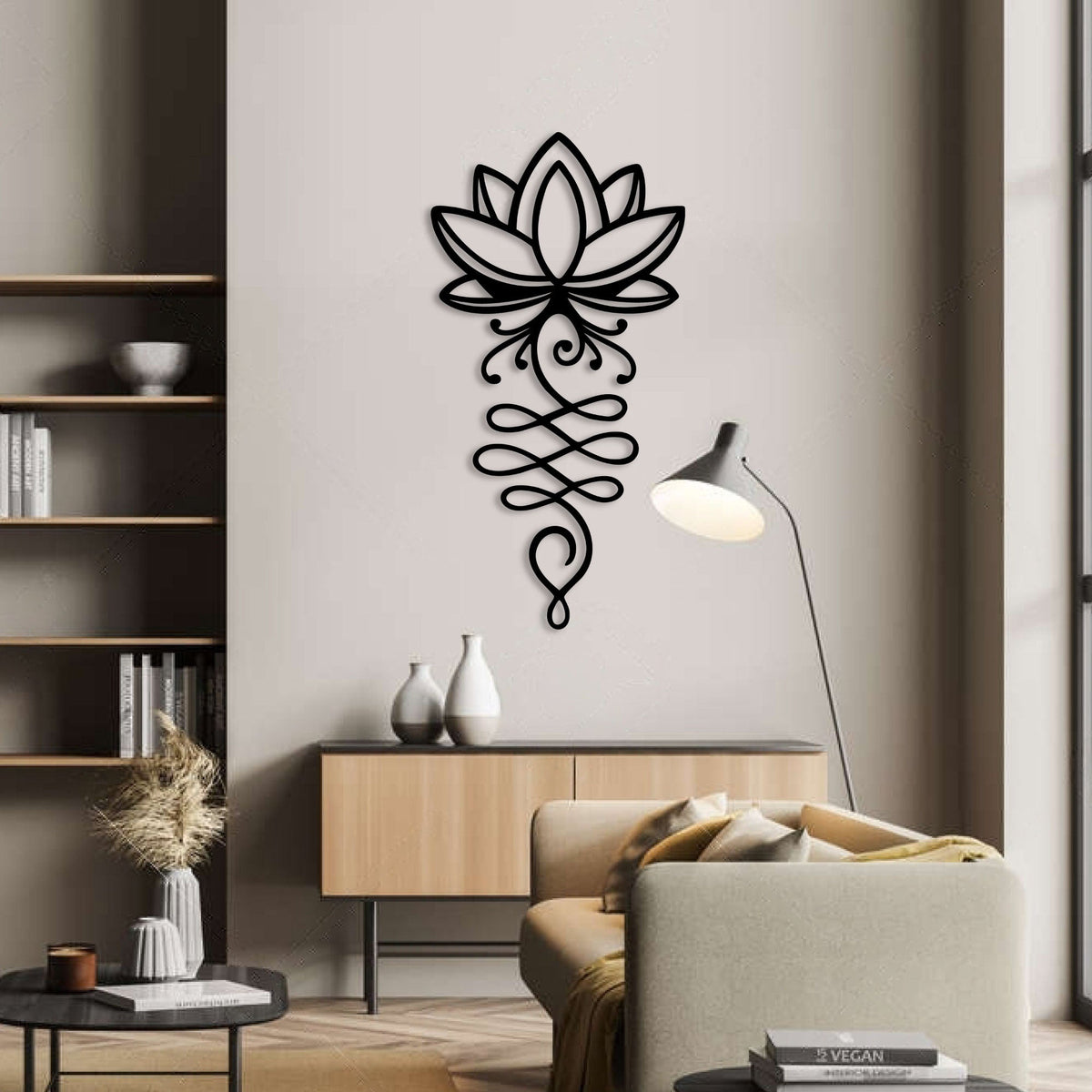 Fleur de lotus en métal noir, déco murale verticale, vue 2