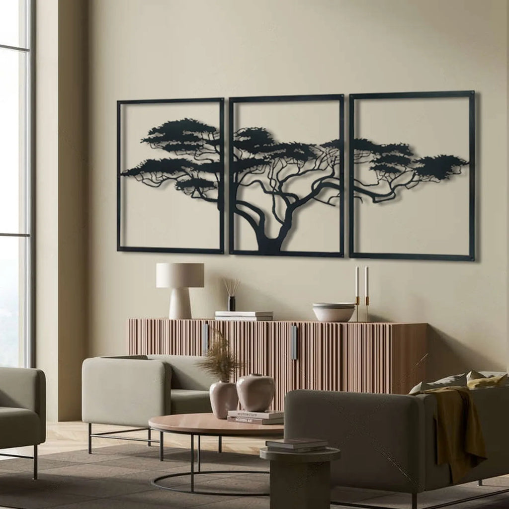 Triptyque arbre africain en métal noir, acacia sur 3 panneaux, vue 3