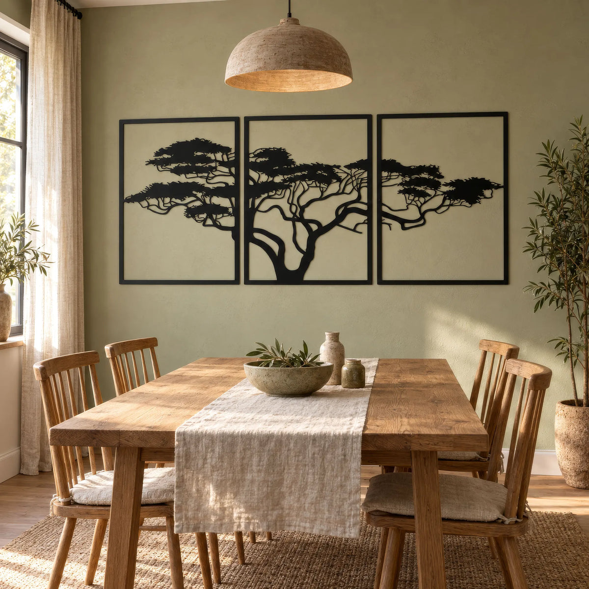 Triptyque arbre africain en métal noir, acacia sur 3 panneaux, vue 2