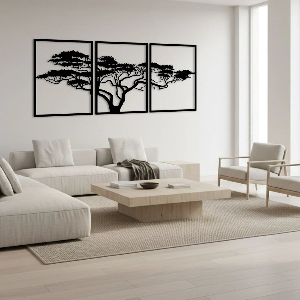 Triptyque arbre africain en métal noir, acacia sur 3 panneaux, vue 4