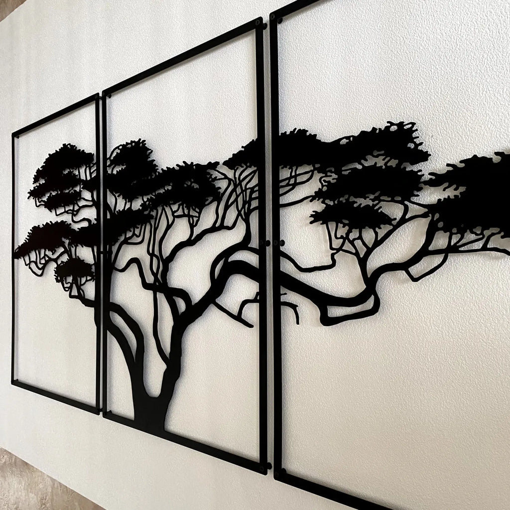 Triptyque arbre africain en métal noir, acacia sur 3 panneaux, vue 5