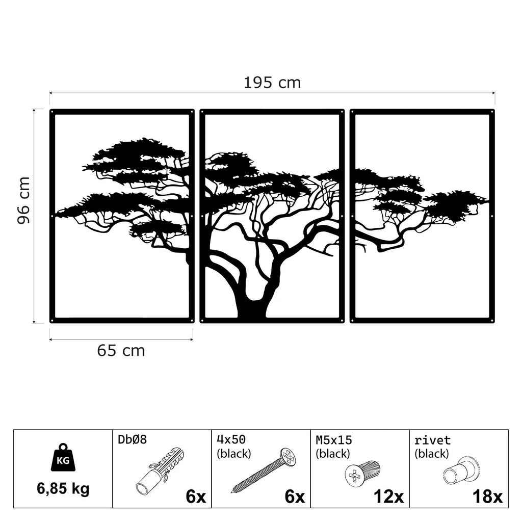 Triptyque arbre africain en métal noir, acacia sur 3 panneaux, vue 8