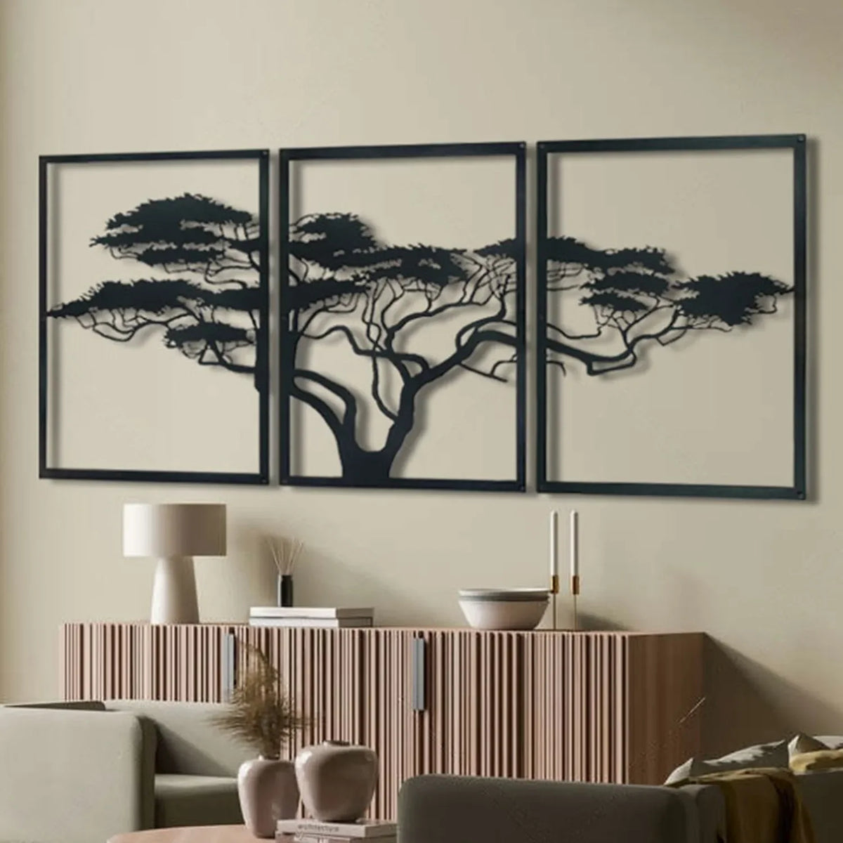 Triptyque arbre africain en métal noir, acacia sur 3 panneaux