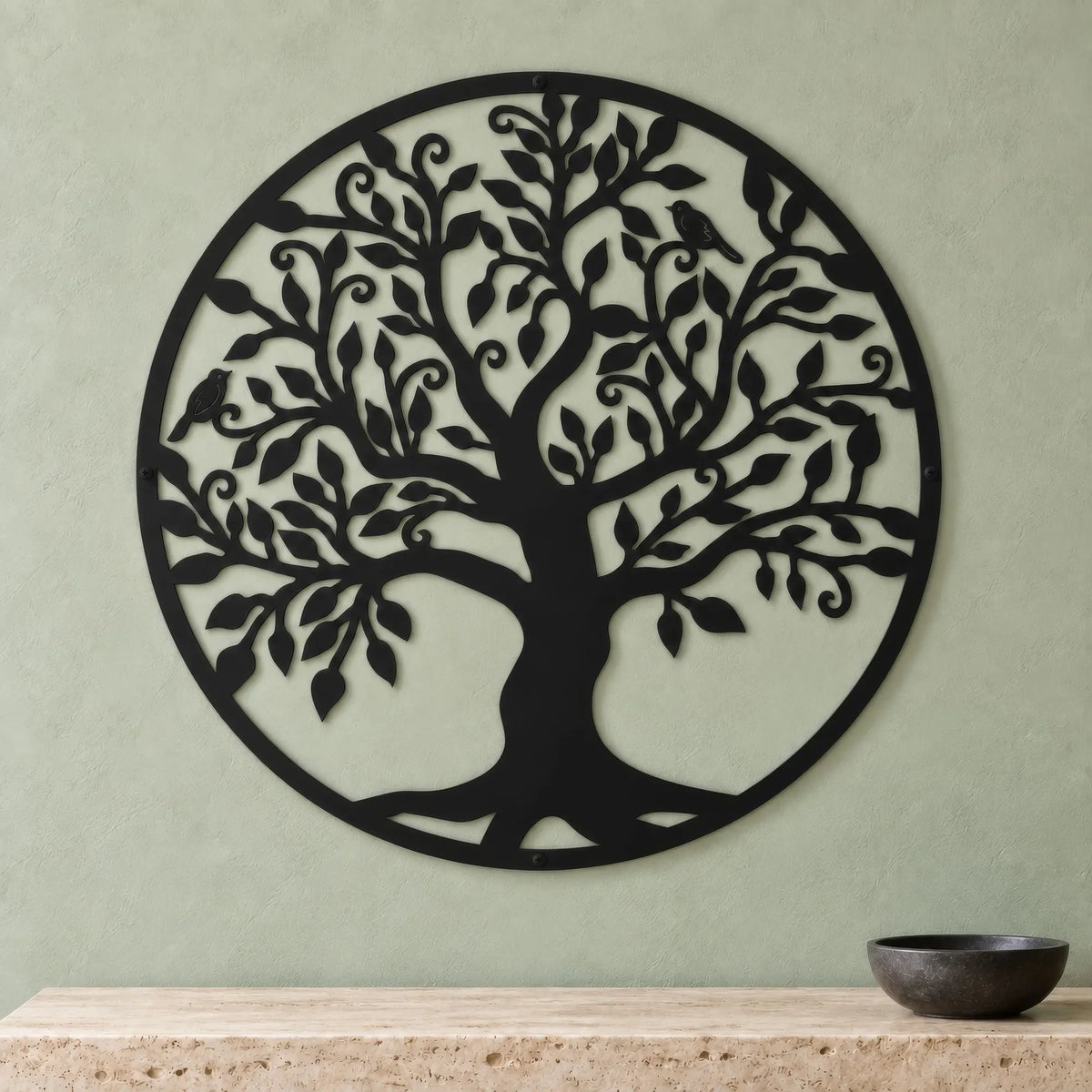 Arbre de vie rond aux oiseaux en métal noir, déco murale