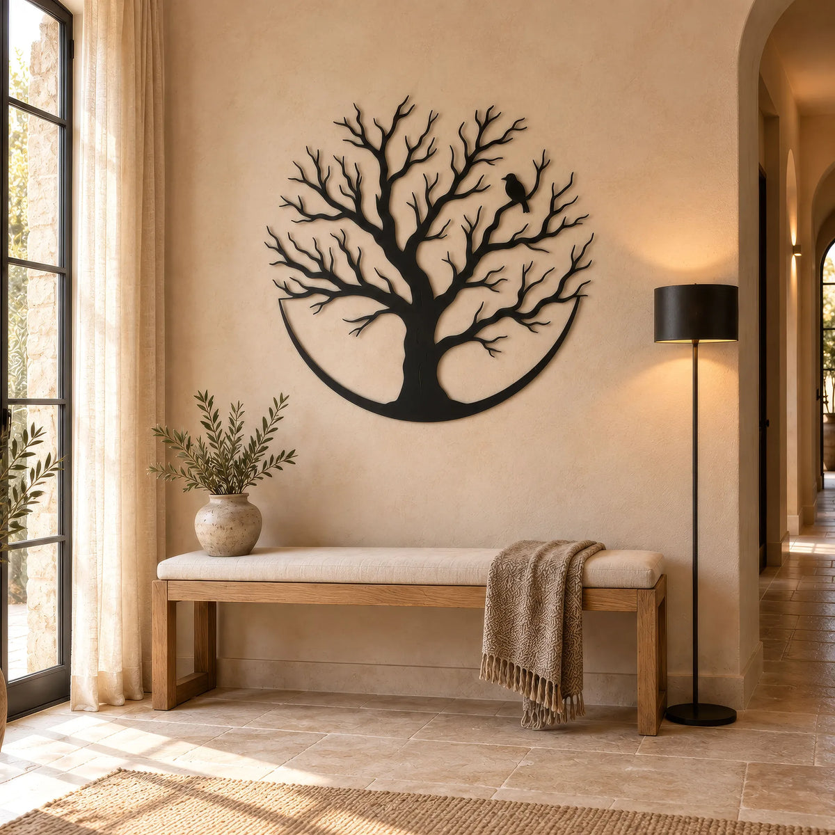 Arbre de vie rond en métal noir avec oiseau sur une branche, vue 3