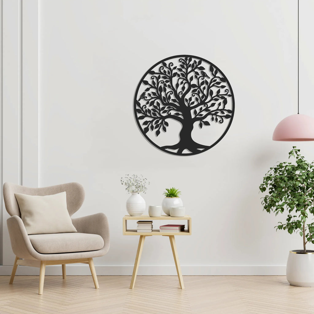 Arbre de vie rond aux oiseaux en métal noir, déco murale, vue 2