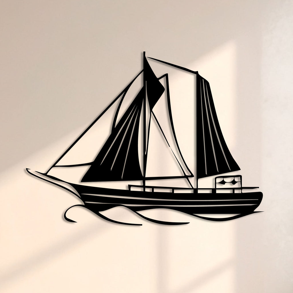 Voilier sur les vagues en métal noir, décoration murale